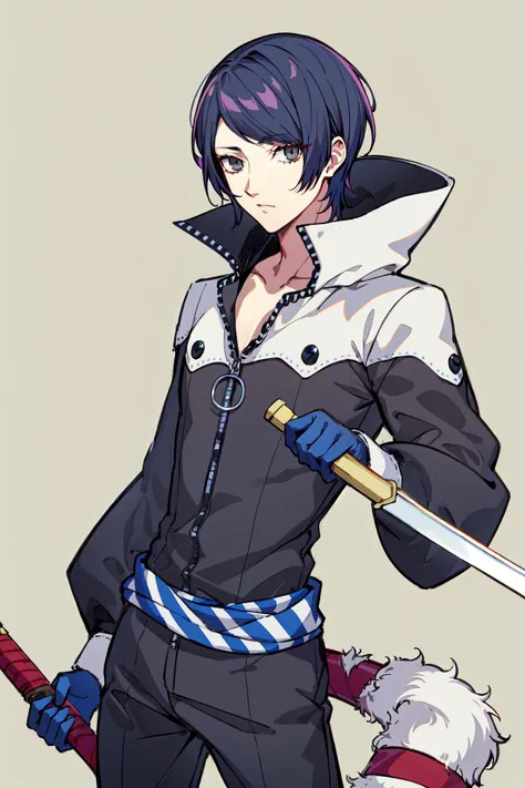 masterpiece, best quality, ultra-detailed, kitagawa yuusuke, metaverse, 1boy, solo, male focus,
grey eyes, blue gloves, simple background, cowboy shot, holding sword, katana, sheath, fox tail,
<lora:KitagawaYusuke_e18:0.8:MIDD>