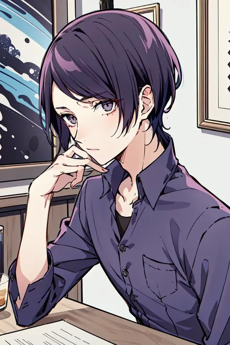 masterpiece, best quality, ultra-detailed, kitagawa yuusuke, unifrom-sum, 1boy, solo, male focus, bishounen,
deep blue hair, grey eyes, purple shirt, upper body, detailed bakcground, indoors,
<lora:KitagawaYusuke_e18:0.7:MIDD>
