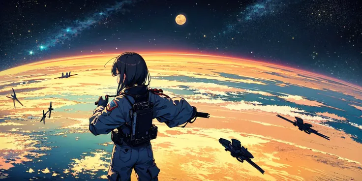 masterpiece,best quality,depth of field,full body,1girl,solo,(very wide shot:1.6),(from behind:1.2),spacesuit,cargo pants
,moon,earth,satellite,reflection,futuristic sci-fi style, fantasy style,
(1girl) was wearing a spacesuit, standing on the (moon), feeling the low gravity and (silence). In front of her was a (gray-white soil) and (craters), behind her was a huge black (satellite). She turned around and saw the distant (earth), that blue-green (planet), sparkling with clouds and light. She wondered if people on earth could see her, if they knew she was here. She felt both lonely and free, both insignificant and great.