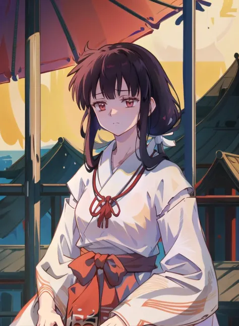 1girl, Kikyo, sidelocks, blunt_tresses, red_hakama, miko dress, traditional japanese clothes, Dutch angle,looking_at_viewer, expressionless,
<lora:Kikyo-10:1>