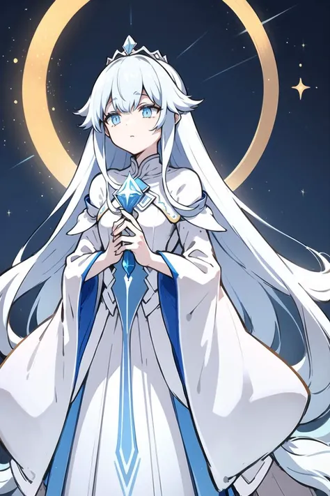 a woman with long, flowing hair that radiates a bright, white light. She wears a flowing gown made of shimmering fabric that resembles stars in the night sky. Her eyes are a piercing shade of blue that sparkles like diamonds. She stands on a platform made of clouds, surrounded by an aura of warm, golden light that seems to emanate from her very being. In her hand, she holds a glowing staff that illuminates the darkness around her. The background is a celestial sky filled with stars and a crescent moon.