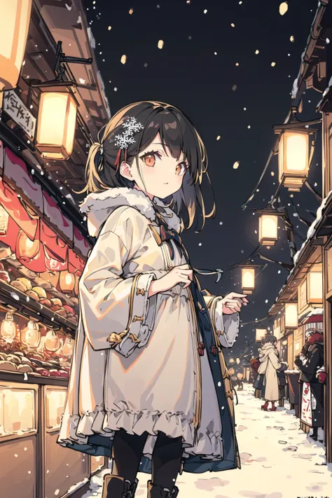 masterpiece, (best quality), (ultra-detailed:1.4), original character, portrait of a young woman standing in a busy winter night market, holding a lantern, wearing a long coat and boots, with fur trim, (colorful stalls and vendors selling wares in the background: 1.05), (flickering lights from the stalls and streetlamps: 1.1), (a few snowflakes falling gently in the air: 1.15), (subtle texture and details on the snow and the girl's clothes: 1.2), (a sense of depth and perspective in the composition: 1.25), sense of hustle and bustle