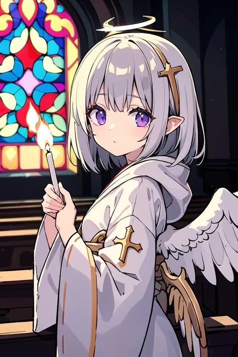 masterpiece, (best quality), (ultra-detailed:1.25), original characters, depth of field, solo focus, solo focus, portrait of a small **** angel wearing a white mage robe standing in a church, soft delicate beautiful attractive face with expressive purple eyes, short wavy silver hair with angel wings and a halo, white mage robe with gold trim and a hood (partially visible: 1.05), holding a crystal orb (partially visible: 1.1), white stockings and shoes (partially visible: 1.15), church background with stained glass windows and wooden pews (blurred: 1.2), (a cross hanging on the wall: 1.25), (a candle stand with lit candles: 1.3)