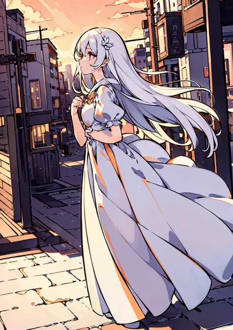 (best illumination, an extremely delicate and beautiful), (ultra-detailed:1.4), clouds, afternoon, orange sky, 1girl, (full body:1.2), white dress, look up, beautiful detailed eyes, white hair, standing, sense of hustle and bustle, street, on ground