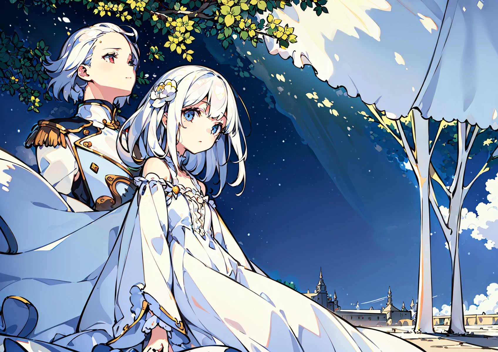 (best illumination, an extremely delicate and beautiful), (ultra-detailed:1.4), clouds, morning, dappled sunlight, summer, day, sunny, 1girl, (full body:1.2), look up, white dress, beautiful detailed eyes, white hair, standing, sense of hustle and bustle, street, on ground, (a sense of depth and perspective in the composition: 1.25)