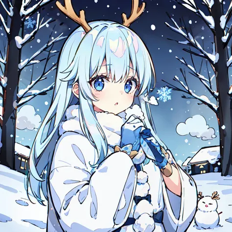 (masterpiece:1.2, best quality), (1girl, solo, upper body), magical winter wonderland, with snow-covered trees and a glistening ice castle. The sky is a deep shade of blue, and snowflakes drift lazily down, catching the light and twinkling like diamonds. In the foreground, a group of reindeer with majestic antlers stand alert, their breaths creating little clouds of steam in the frigid air. A couple of children build a snowman, adding to the childlike wonder of the scene.