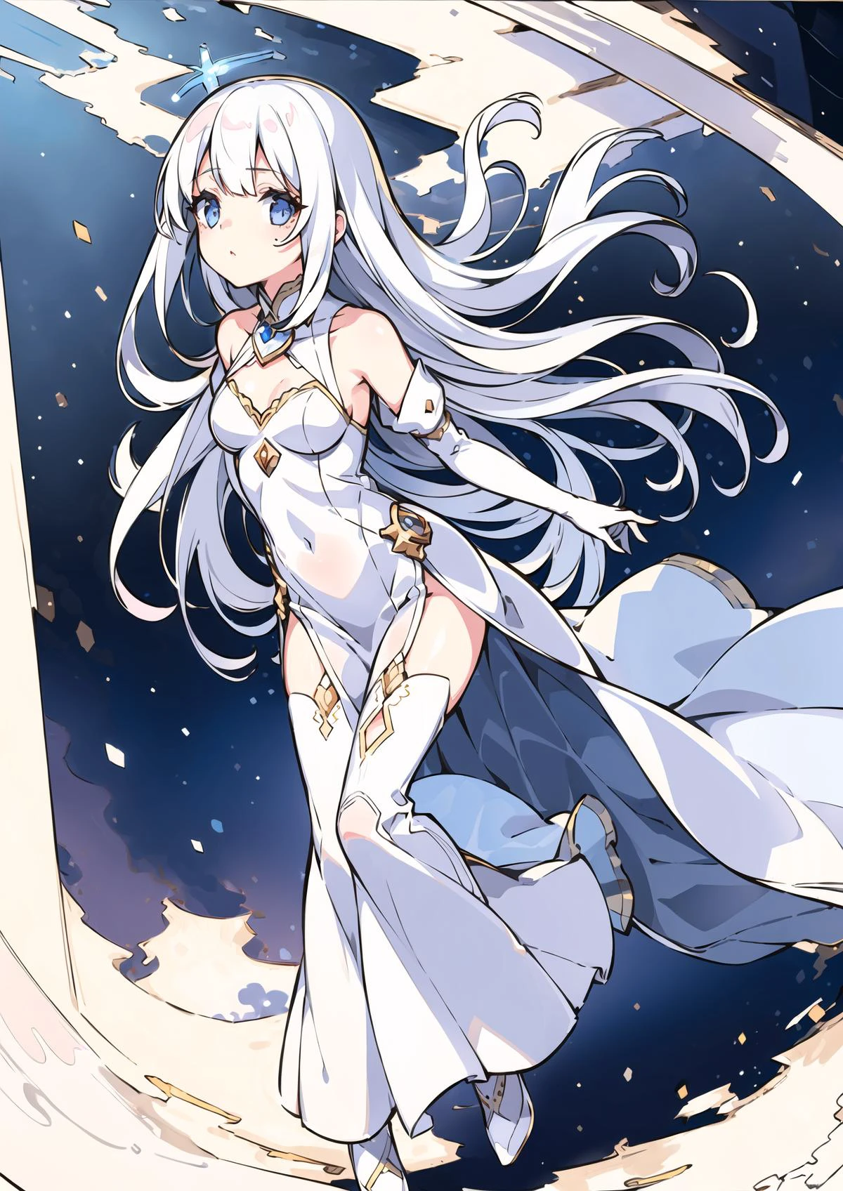 (best illumination), (ultra-detailed:1.4), clouds, morning, winter, sun, day, sunny, dappled sunlight, ((1girl)), (full body:1.2), look down, white dress, beautiful detailed eyes, white hair, dynamic pose, sense of hustle and bustle, street, (a sense of depth and perspective in the composition: 1.25), detailed background, cute