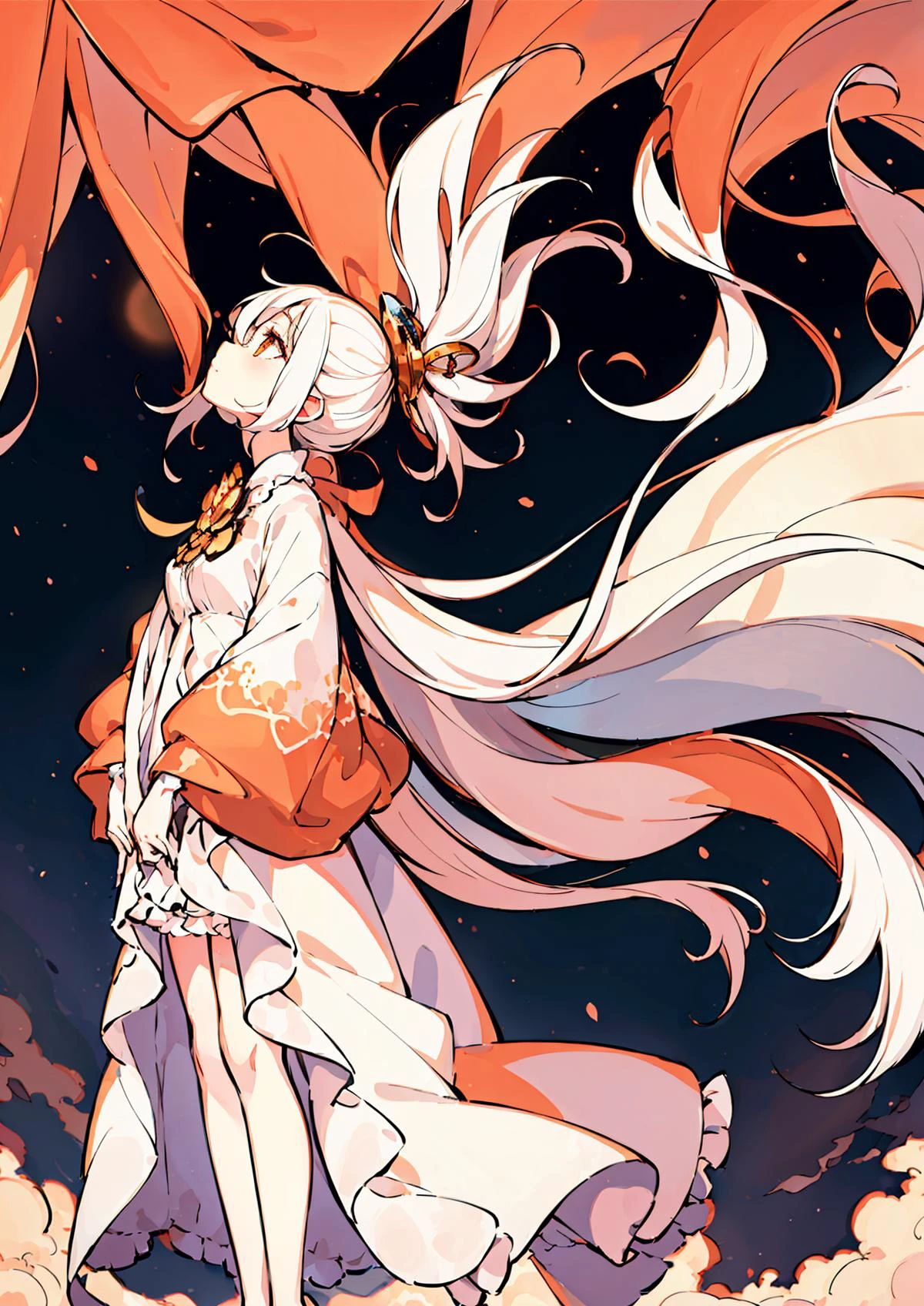 (best illumination, an extremely delicate and beautiful), clouds, afternoon, orange sky, 1girl, (full body:1.2), white dress, look up, highly detailed, beautiful detailed eyes, white hair, standing