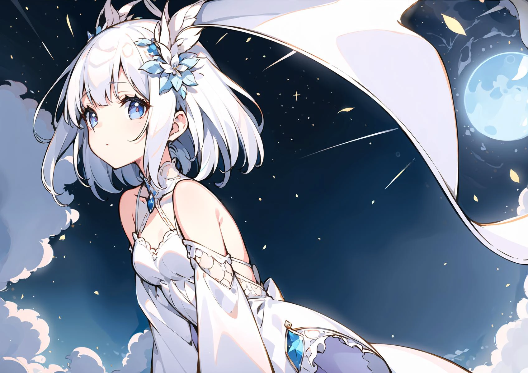 (best illumination, an extremely delicate and beautiful), (ultra-detailed:1.4), clouds, sky, morning, dappled sunlight, winter, sun, day, sunny, 1girl, (full body:1.2), look down, white dress, beautiful detailed eyes, white hair, standing, sense of hustle and bustle, street, (a sense of depth and perspective in the composition: 1.25), detailed background