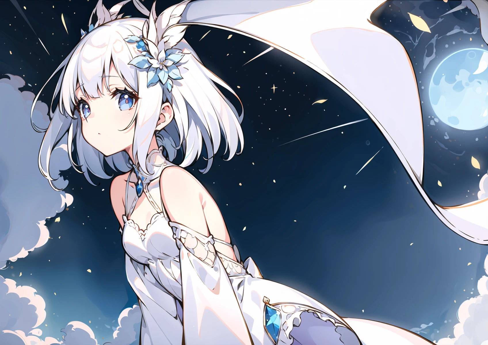 (best illumination, an extremely delicate and beautiful), (ultra-detailed:1.4), clouds, sky, morning, dappled sunlight, winter, sun, day, sunny, 1girl, (full body:1.2), look down, white dress, beautiful detailed eyes, white hair, standing, sense of hustle and bustle, street, (a sense of depth and perspective in the composition: 1.25), detailed background