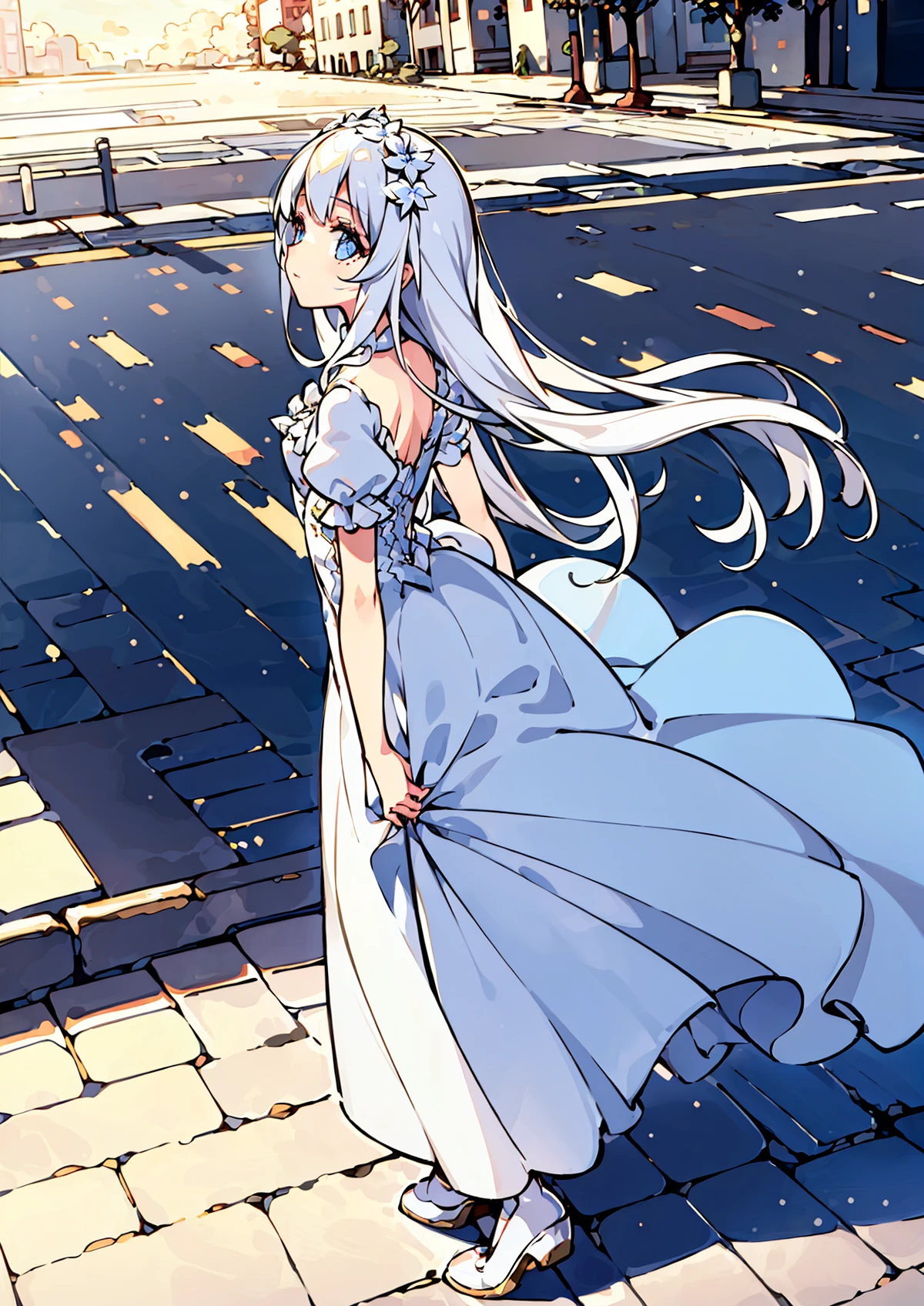 (best illumination, an extremely delicate and beautiful), (ultra-detailed:1.4), clouds, morning, dappled sunlight, day, sunny, 1girl, (full body:1.2), look up, white dress, beautiful detailed eyes, white hair, standing, sense of hustle and bustle, street, on ground