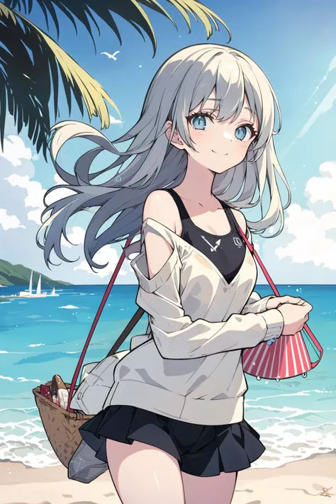masterpiece, best quality, ultra-detailed, 1 girl standing at the beach, confident smile, bright blue eyes, long flowing hair, wearing a stylish swimsuit, carrying a beach bag, surrounded by crystal-clear waters and sandy beach, (sparkling water droplets: 1.05), (playful seagulls flying around: 1.1), (colorful beach umbrellas in the background: 1.15), (detailed perspective of beach chairs and sand: 1.2), (sailboats and yachts on the horizon: 1.25), (warm sunlight shining down: 1.3), (waves gently lapping at the shore: 1.35), (tropical palm trees swaying in the breeze: 1.4)