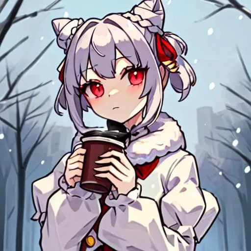 (masterpiece), (best quality), (highly detailed), 1girl, solo, red eyes, holding, disposable cup, looking at viewer, holding cup, outdoors, snow, long sleeves, bangs, cup, coffee cup, tree, closed mouth, bare tree, fur trim, hair between eyes, ribbon, open clothes, bag, winter, black ribbon, snowing, grey hair, coat, hair ribbon, hair bun, upper body, jacket, sidelocks, blush, fur collar