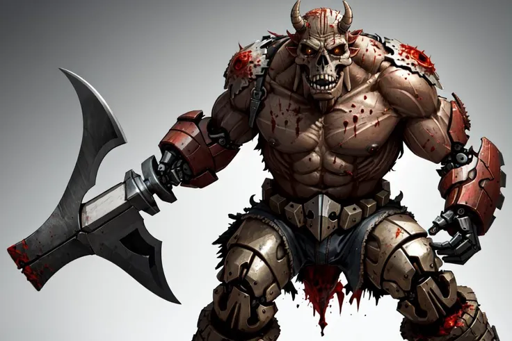 best quality, high_resolution, distinct_image,mechanical axe,oger, battle, orc skull, guro