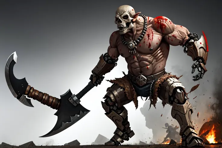 best quality, high_resolution, distinct_image,mechanical axe,oger, battle, orc skull, guro