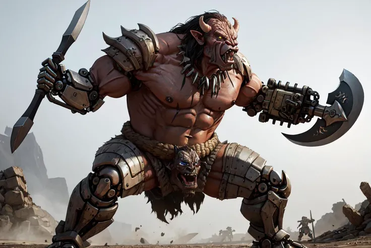 best quality, high_resolution, distinct_image,mechanical axe,oger, battle, orc