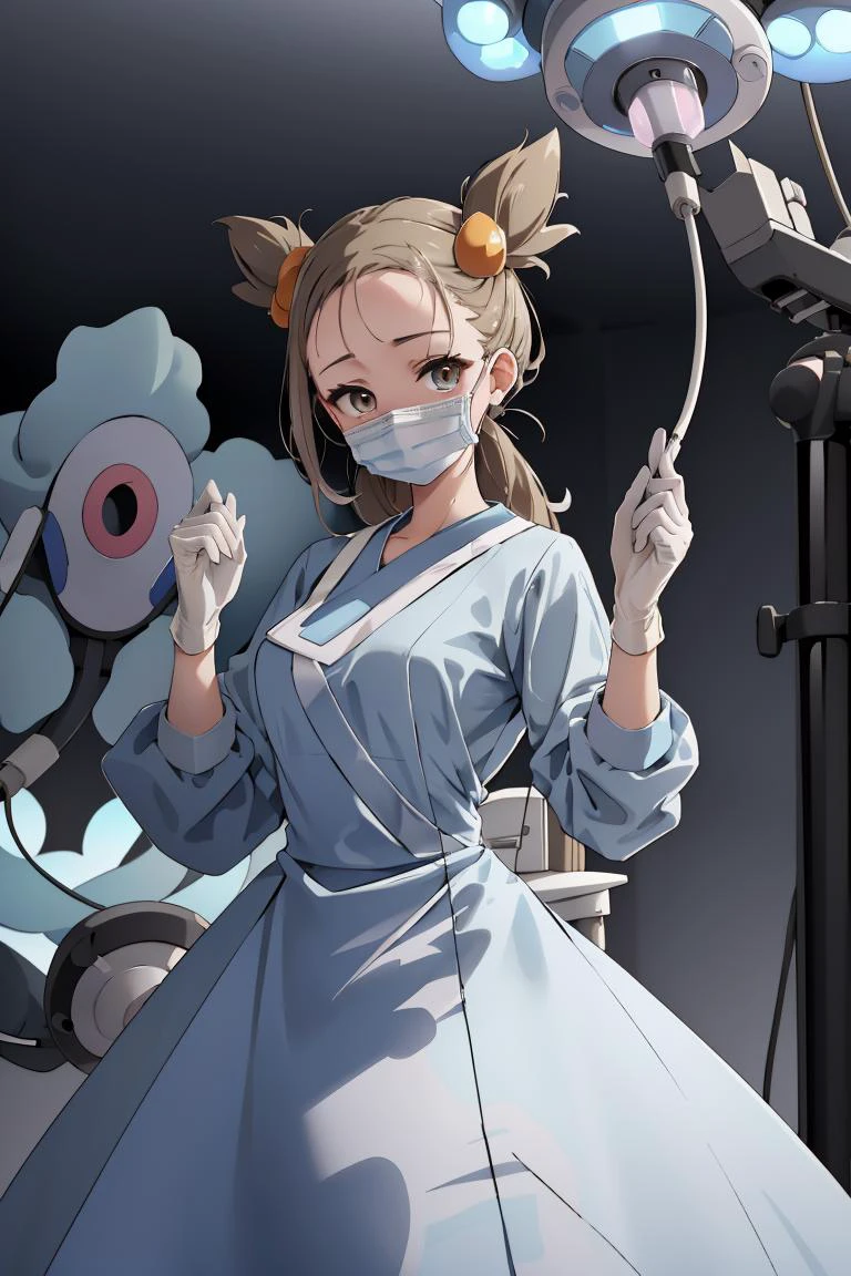 (RAW photo, best quality), (1girl), operating room, overhead surgical light,blurred background, focused,
<lora:Hands_UP_V2.0-000006:0.8> hands_up_surgeon, looking at viewer, surgical mask, gloves,long dress, long sleeves,bouffant cap,
<lora:JasmineLora:0.6> ((jasmine (pokemon), 1girl, solo)),