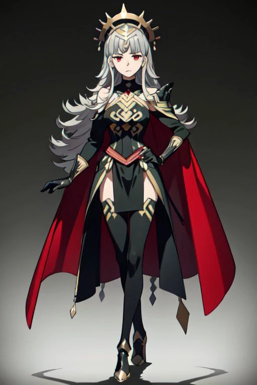 (masterpiece, best quality), solo, 1girl, lustrous skin, ultra-detailed, looking at viewer, large crown, clothing cutout, dress, red high heels, red cape, black dress, black pants, detached sleeves, fluffy sleeves, gold trim, long sleeves, body stocking, pelvic curtain, jewelry, bare shoulders, bridal gauntlets, waving, outdoors, medieval city,
a spanish girl, long hair,silver hair, red eyes,high quality, high resolution, high precision, realism, color correction, proper lighting settings, harmonious composition, girl, fantasy court red dress ,silver color, clear background, pure color background,black background,serious face,
bra_veronica, armor,black armor, feathers,cape, closed mouth, black gloves, shoulder armor, breastplate, high heels, armored boots, black long sleeves, feather trim, white wide sleeves, gauntlets, , black dress, thigh highs, red pantyhose, greaves, black skirt, outdoors,(masterpiece, best quality, ultra-detailed, best shadow)
,disney pixar style, large crown, black feather wings,Nice legs and hot body