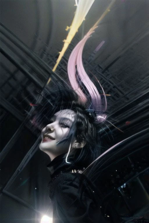 Impressionistic, digital art with charcoal, score_9, score_8_up, score_8_up, 1girl, (beautifully face), youthful punk goth girl with colourful playful hair, surrounded floating magic ribbons of light, sly smile. Beautiful and dangerous atmosphere. Standing in the light of a huge partially shattered moon in the sky at night . She is highlighted by Resplendent spotlight, cinematic composition and lighting. Masterpiece. 8k. Very high level of detail. From below. Vibrantly contrasting colours.