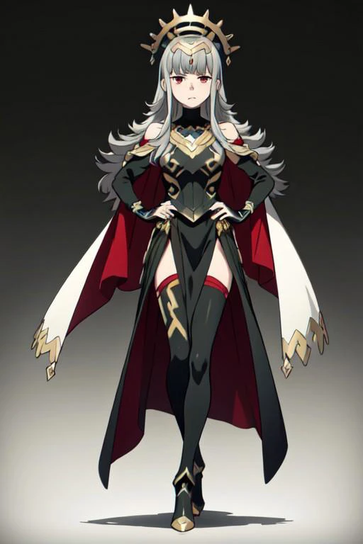 (masterpiece, best quality), solo, 1girl, lustrous skin, ultra-detailed, looking at viewer, large crown, clothing cutout, dress, red high heels, red cape, black dress, black pants, detached sleeves, fluffy sleeves, gold trim, long sleeves, body stocking, pelvic curtain, jewelry, bare shoulders, bridal gauntlets, waving, outdoors, medieval city,
a spanish girl, long hair,silver hair, red eyes,high quality, high resolution, high precision, realism, color correction, proper lighting settings, harmonious composition, girl, fantasy court red dress ,silver color, clear background, pure color background,black background,serious face,
bra_veronica, armor,black armor, feathers,cape, closed mouth, black gloves, shoulder armor, breastplate, high heels, armored boots, black long sleeves, feather trim, white wide sleeves, gauntlets, , black dress, thigh highs, red pantyhose, greaves, black skirt, outdoors,(masterpiece, best quality, ultra-detailed, best shadow)
,disney pixar style, large crown, black feather wings,Nice legs and hot body