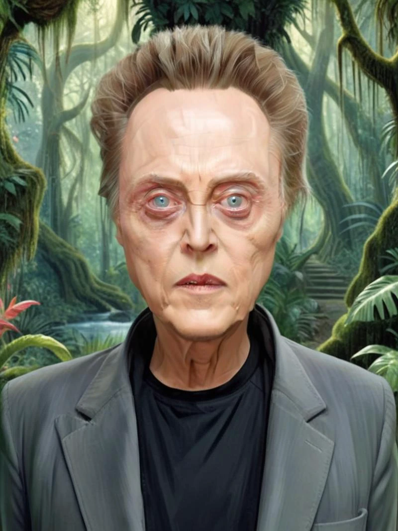 detailed background, character portrait of <lora:Christopher_Walken_XL:0.9> Christopher Walken man , garden of eden fantasy location , mystical rainforest background, , <lora:CaricatureStyle:0.8> , <lora:GermanExpressionism:0.9> GermanExpressionism