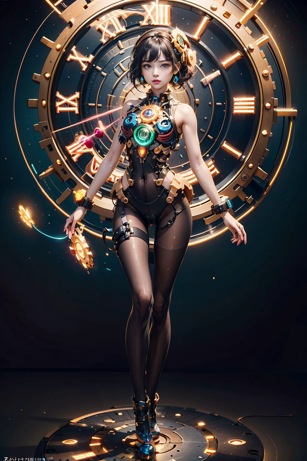 (masterpiece, top quality, best quality, official art, beautiful and aesthetic:1.2), (1girl), (fractal art:1.2),absurdres, highres, ultra detailed, Ultra-precise depiction, Ultra-detailed depiction, solo, (zentangle:1.2), floating hair, (skinny, thin body: 1.2), tanned skin, shiny skin, (abstract:1.2),cbpkv5, pantyhose,Neonpunkai ,looking at viewer, full body, <lora:cbpkv_20230614221551:0.5>,clock,macha,cog,gears,steampunk, <lora:Neonpunkai-8:0.7>,