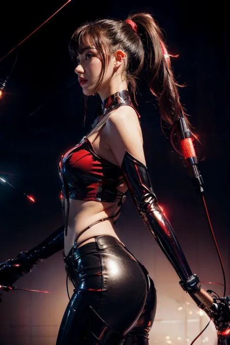 (masterpiece, top quality, best quality, official art, beautiful and aesthetic:1.2), (1girl), (upper body is real, bottom body is female cyborg )absurdres, highres, ultra detailed, Ultra-precise depiction, Ultra-detailed depiction, solo, (zentangle:1.2), floating hair, (skinny, thin body: 1.2), shiny skin, (abstract:1.2),cbpkv5,looking at viewer, red and white metal suit, <lora:cbpkv5:1>, cyberpunk robot, complex robot, halo, by mooncryptowow,(black and red gradient ponytail hair:1.4), absurdly short hair, (ponytail),
<lora:add_detail:1.5> <lora:GoodHands-vanilla:1> <lora:SkinPerfection_NegV15:0.6> <lora:ulzzang-6500:0.4>, attire face , slender body, sexy body, attire pose, abs, photoshot from side
