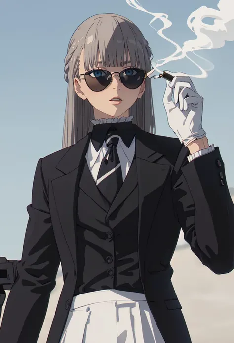 best quality, masterpiece, highres, solo, (lawine_sousounofrieren:1.10), (black business suit:1.40), (tie:1.20), (sunglasses:1.25), (white gloves:1.15), (white shirt:1.10), (black skirt:1.15), (smoking:1.20), handsome, anime_style, 23 <lora:lawine_sousounofrieren:0.80>