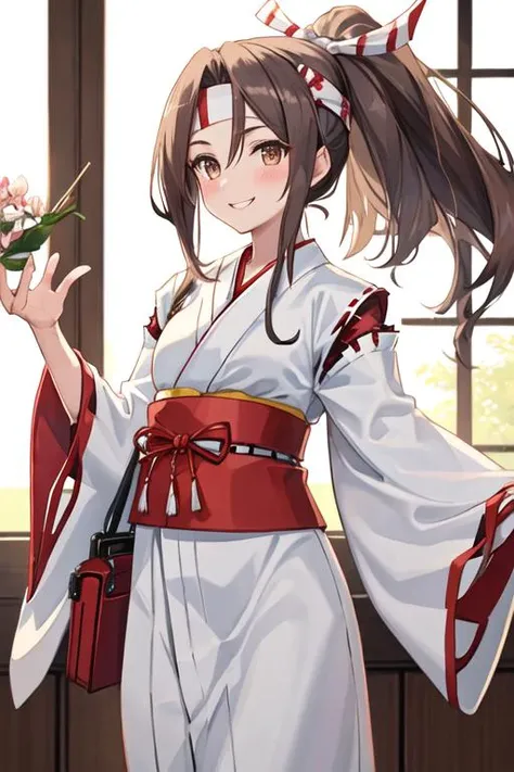 best quality, masterpiece, highres, solo, {white kimono:1.35}, {red hakama:1.35}, {wide sleeves:1.20}, {zuihou_kantaicollection:1.15}, long_hair, brown_eyes, ponytail, brown_hair, headband, hachimaki, high_ponytail, smile, blush