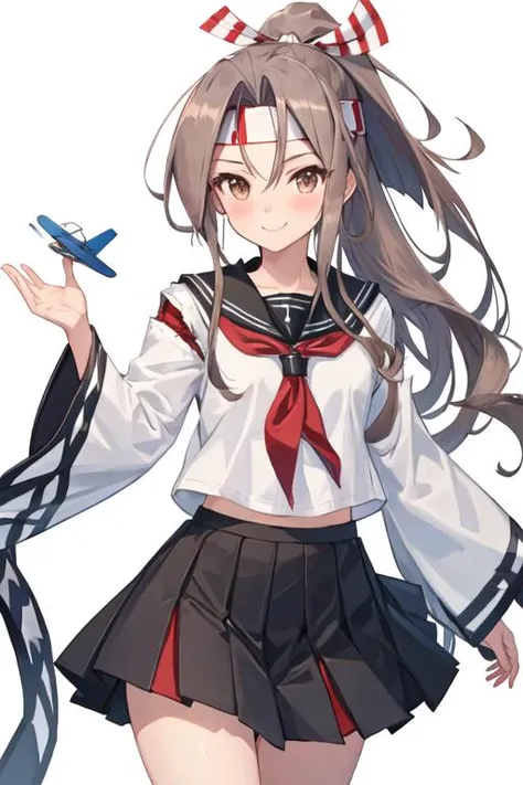 best quality, masterpiece, highres, solo, {zuihou_kantaicollection:1.15}, long_hair, brown_eyes, ponytail, brown_hair, headband, hachimaki, high_ponytail, smile, blush, 1girl, cosplay, looking_at_viewer, ribbon, simple_background, white_background, grey_hair, hair_ribbon, school_uniform, serafuku, sailor_collar