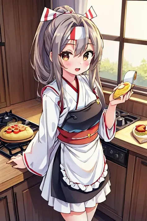 masterpiece, best quality, highres, 1girl,,zuihou_kantaicollection ,<lora:zuihou_kantaicollection:0.7>, high ponytail, headband, hachimaki, (white japanese clothes, apron, wide sleeves, sash, obi, cooking omelet,retro window,WW2 age room,happy),<lora:GoodHands-vanilla:0.8> <lora:anmnr01:0.3> <lora:add_detail:0.5>