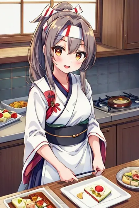 masterpiece, best quality, highres, 1girl,,zuihou_kantaicollection ,<lora:zuihou_kantaicollection:0.7>, high ponytail, headband, hachimaki, (white japanese clothes, apron, wide sleeves, sash, obi, cooking japanese food, omelet,retro window,WW2 age room,happy),<lora:GoodHands-vanilla:0.8> <lora:anmnr01:0.3> <lora:add_detail:0.5>