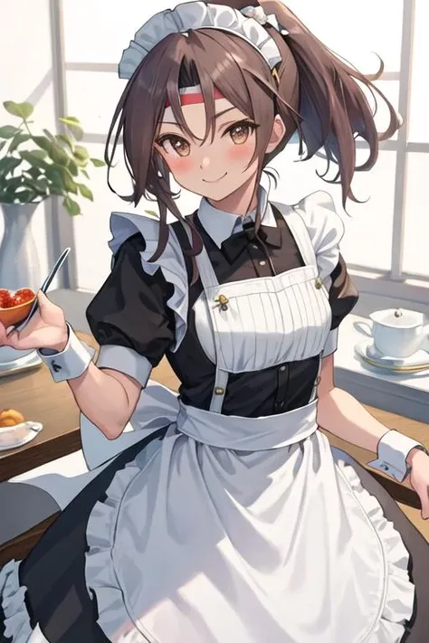 best quality, masterpiece, highres, solo, {maid:1.40}, {long maid dress:1.15}, {zuihou_kantaicollection:1.15}, long_hair, brown_eyes, ponytail, brown_hair, headband, hachimaki, high_ponytail, smile, blush