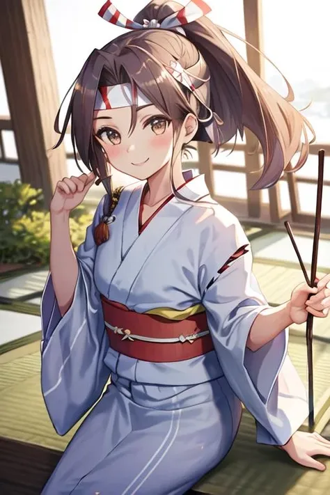 highest quality、Realistic、female、大人のfemale性、zoom、Chestnut Hair、Brown Eyes、ponytail、White yukata、From below、smile、Looking down、、Small breasts、Bust Shot、