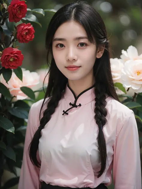 (best quality:1.4),(masterpiece:1.4),(photorealistic:1.4),(Realistic:1.2),(8K:1.2),upper body,face lighting,bright backlight,(large breasts:1.1),Photos,cinematic photo 1girl,solo,(long hair:1.1),smile,hair_ornament,(pink chinese clothes:1.2),building,<lora:ancientChineseArchitectural_v10Gugong:0.6>,