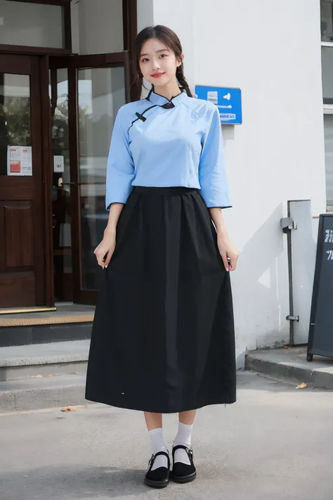 masterpiece,best quality,absurdres,highres,4k,ray tracing,perfect face,perfect eyes,intricate details,highly detailed,
1girl,(gigantic breasts:1.2),looking at viewer,sexy pose,full body,outdoors,old street
<lora:1920s May Fourth outfit:0.85>,(blue shirt:1.2),(black long skirt:1.2),