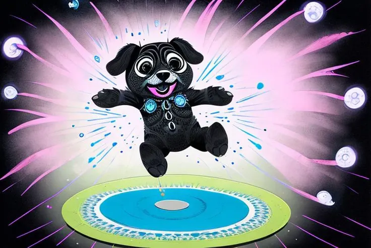 occult art of a dog jumping to catch a Frisbee, (Floral_Graffiti), style of Beatrix Potter