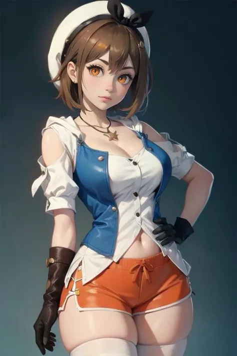 reisalinstout, <lora:ryzatest:1>, reisalin stout, brown hair, hair ornament, hairclip, (orange eyes:1.5), short hair, BREAK beret, brown gloves, cleavage, gloves, hat, jewelry, necklace, red shorts, short shorts, shorts, single glove, star necklace, thighhighs, thighs, white headwear, white thighhighs, BREAK looking at viewer, BREAK city, BREAK <lora:GoodHands-vanilla:1>, (masterpiece:1.2), best quality, high resolution, unity 8k wallpaper, (illustration:0.8), (beautiful detailed eyes:1.6), extremely detailed face, perfect lighting, extremely detailed CG, (perfect hands, perfect anatomy),
 <lora:EnvyThiccMix02:0.55>