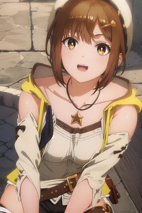 reisalinstout, <lora:reisalin stout s1-lora-nochekaiser:1>,
reisalin stout, short hair, brown hair, hair ornament, (brown eyes:1.5), hairclip, smile, open mouth,
BREAK thighhighs, gloves, hat, jewelry, jacket, thighs, shorts, belt, necklace, star \(symbol\), short shorts, white headwear, brown gloves, single glove, yellow jacket, red shorts, leather, sleeveless jacket, star necklace, leather gloves,
BREAK outdoors,
BREAK looking at viewer, (cowboy shot:1.5),
BREAK <lyco:GoodHands-beta2:1>, (masterpiece:1.2), best quality, high resolution, unity 8k wallpaper, (illustration:0.8), (beautiful detailed eyes:1.6), extremely detailed face, perfect lighting, extremely detailed CG, (perfect hands, perfect anatomy),