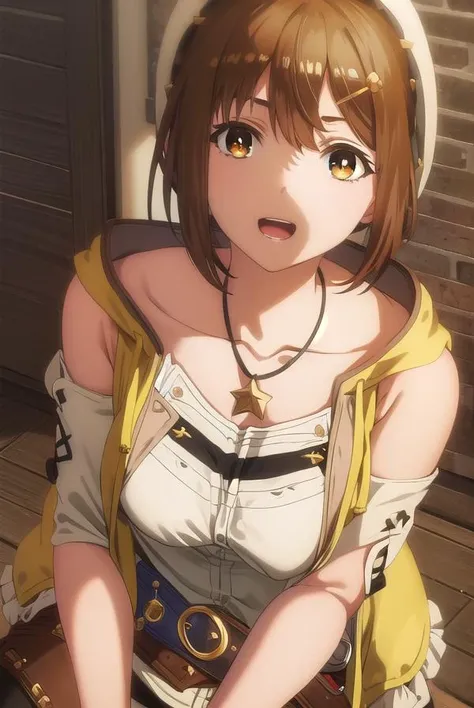 reisalinstout, <lora:reisalin stout s1-lora-nochekaiser:1>,
reisalin stout, short hair, brown hair, hair ornament, (brown eyes:1.5), hairclip, smile, open mouth,
BREAK thighhighs, gloves, hat, jewelry, jacket, thighs, shorts, belt, necklace, star \(symbol\), short shorts, white headwear, brown gloves, single glove, yellow jacket, red shorts, leather, sleeveless jacket, star necklace, leather gloves,
BREAK outdoors,
BREAK looking at viewer, (cowboy shot:1.5),
BREAK <lyco:GoodHands-beta2:1>, (masterpiece:1.2), best quality, high resolution, unity 8k wallpaper, (illustration:0.8), (beautiful detailed eyes:1.6), extremely detailed face, perfect lighting, extremely detailed CG, (perfect hands, perfect anatomy),