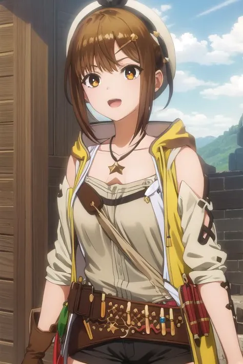 reisalinstout, <lora:reisalin stout s1-lora-nochekaiser:1>,
reisalin stout, short hair, brown hair, hair ornament, (brown eyes:1.5), hairclip, smile, open mouth,
BREAK thighhighs, gloves, hat, jewelry, jacket, thighs, shorts, belt, necklace, star \(symbol\), short shorts, white headwear, brown gloves, single glove, yellow jacket, red shorts, leather, sleeveless jacket, star necklace, leather gloves,
BREAK outdoors,
BREAK looking at viewer, (cowboy shot:1.5),
BREAK <lyco:GoodHands-beta2:1>, (masterpiece:1.2), best quality, high resolution, unity 8k wallpaper, (illustration:0.8), (beautiful detailed eyes:1.6), extremely detailed face, perfect lighting, extremely detailed CG, (perfect hands, perfect anatomy),