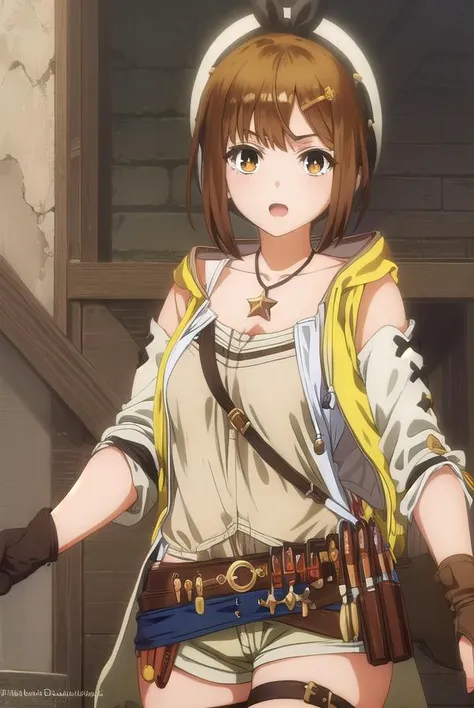 reisalinstout, <lora:reisalin stout s1-lora-nochekaiser:1>,
reisalin stout, short hair, brown hair, hair ornament, (brown eyes:1.5), hairclip, smile, open mouth,
BREAK thighhighs, gloves, hat, jewelry, jacket, thighs, shorts, belt, necklace, star \(symbol\), short shorts, white headwear, brown gloves, single glove, yellow jacket, red shorts, leather, sleeveless jacket, star necklace, leather gloves,
BREAK outdoors,
BREAK looking at viewer, (cowboy shot:1.5),
BREAK <lyco:GoodHands-beta2:1>, (masterpiece:1.2), best quality, high resolution, unity 8k wallpaper, (illustration:0.8), (beautiful detailed eyes:1.6), extremely detailed face, perfect lighting, extremely detailed CG, (perfect hands, perfect anatomy),