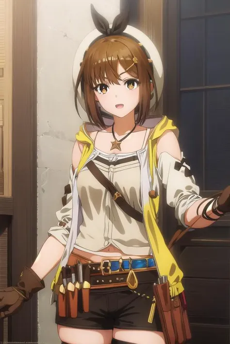 reisalinstout, <lora:reisalin stout s1-lora-nochekaiser:1>,
reisalin stout, short hair, brown hair, hair ornament, (brown eyes:1.5), hairclip, smile, open mouth,
BREAK thighhighs, gloves, hat, jewelry, jacket, thighs, shorts, belt, necklace, star \(symbol\), short shorts, white headwear, brown gloves, single glove, yellow jacket, red shorts, leather, sleeveless jacket, star necklace, leather gloves,
BREAK outdoors,
BREAK looking at viewer, (cowboy shot:1.5),
BREAK <lyco:GoodHands-beta2:1>, (masterpiece:1.2), best quality, high resolution, unity 8k wallpaper, (illustration:0.8), (beautiful detailed eyes:1.6), extremely detailed face, perfect lighting, extremely detailed CG, (perfect hands, perfect anatomy),