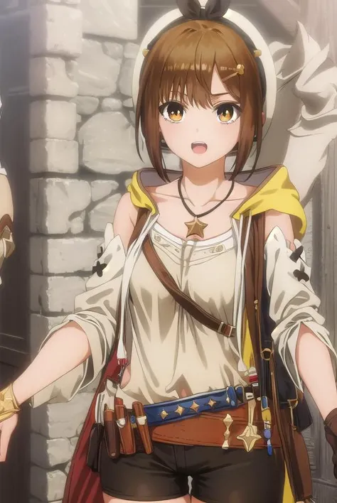 reisalinstout, <lora:reisalin stout s1-lora-nochekaiser:1>,
reisalin stout, short hair, brown hair, hair ornament, (brown eyes:1.5), hairclip, smile, open mouth,
BREAK thighhighs, gloves, hat, jewelry, jacket, thighs, shorts, belt, necklace, star \(symbol\), short shorts, white headwear, brown gloves, single glove, yellow jacket, red shorts, leather, sleeveless jacket, star necklace, leather gloves,
BREAK outdoors,
BREAK looking at viewer, (cowboy shot:1.5),
BREAK <lyco:GoodHands-beta2:1>, (masterpiece:1.2), best quality, high resolution, unity 8k wallpaper, (illustration:0.8), (beautiful detailed eyes:1.6), extremely detailed face, perfect lighting, extremely detailed CG, (perfect hands, perfect anatomy),