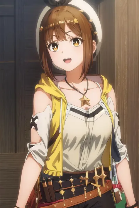 reisalinstout, <lora:reisalin stout s1-lora-nochekaiser:1>,
reisalin stout, short hair, brown hair, hair ornament, (brown eyes:1.5), hairclip, smile, open mouth,
BREAK thighhighs, gloves, hat, jewelry, jacket, thighs, shorts, belt, necklace, star \(symbol\), short shorts, white headwear, brown gloves, single glove, yellow jacket, red shorts, leather, sleeveless jacket, star necklace, leather gloves,
BREAK outdoors,
BREAK looking at viewer, (cowboy shot:1.5),
BREAK <lyco:GoodHands-beta2:1>, (masterpiece:1.2), best quality, high resolution, unity 8k wallpaper, (illustration:0.8), (beautiful detailed eyes:1.6), extremely detailed face, perfect lighting, extremely detailed CG, (perfect hands, perfect anatomy),