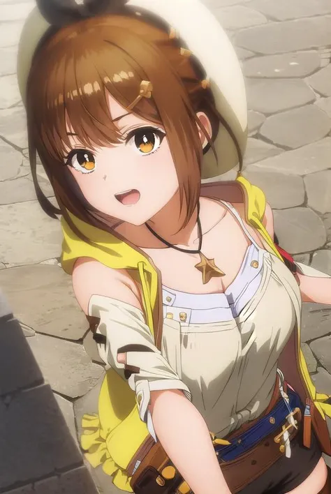 reisalinstout, <lora:reisalin stout s1-lora-nochekaiser:1>,
reisalin stout, short hair, brown hair, hair ornament, (brown eyes:1.5), hairclip, smile, open mouth,
BREAK thighhighs, gloves, hat, jewelry, jacket, thighs, shorts, belt, necklace, star \(symbol\), short shorts, white headwear, brown gloves, single glove, yellow jacket, red shorts, leather, sleeveless jacket, star necklace, leather gloves,
BREAK outdoors,
BREAK looking at viewer, (cowboy shot:1.5),
BREAK <lyco:GoodHands-beta2:1>, (masterpiece:1.2), best quality, high resolution, unity 8k wallpaper, (illustration:0.8), (beautiful detailed eyes:1.6), extremely detailed face, perfect lighting, extremely detailed CG, (perfect hands, perfect anatomy),