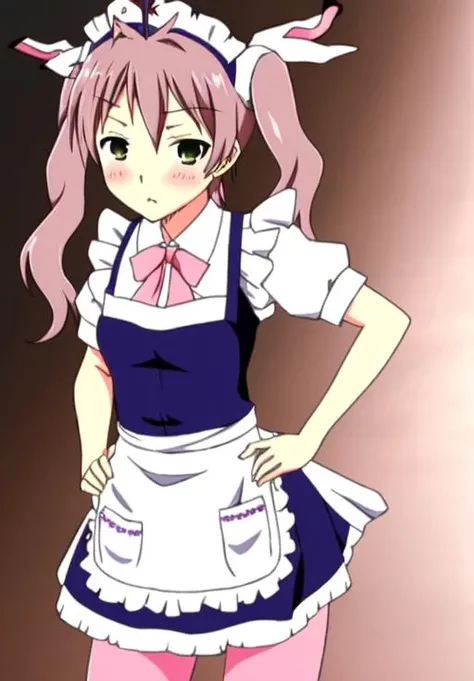 <lora:usami_masamune:0.8>, usami_masamune, 1girl, solo, pantyhose, apron, maid, maid headdress, hands on hips, pink pantyhose