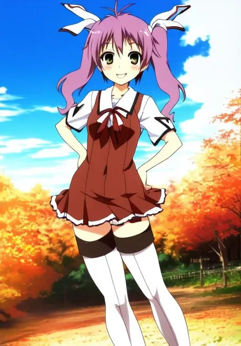 <lora:usami_masamune:0.8>, usami_masamune, 1girl, solo, smile, thighhighs, dress, school uniform, boots, sky, day, zettai ryouiki, thigh boots, hands on hips