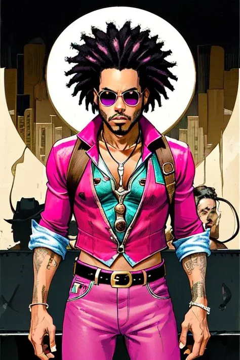Lenny Kravitz Plays Cowboy Curtis in a gritty Quentin Terantino Remake of Pee Wee's big adventure, pink clothes and cowboy hat