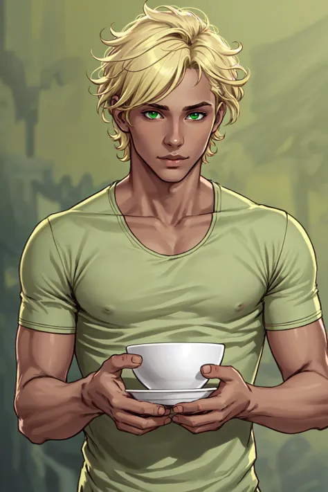1 boy, mature, genderless, male focus, dishwater green-blonde hair, green eyes, warm features, short curly hair, tan skin, dark skinned male, realistic